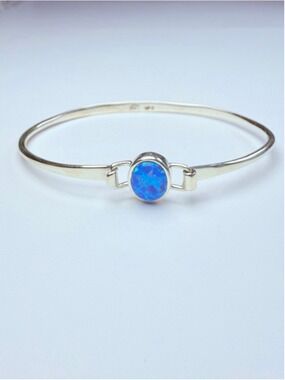 Australian Lab Blue Opal Sterling Silver 925 Vintage Hinged Bangle Bracelet